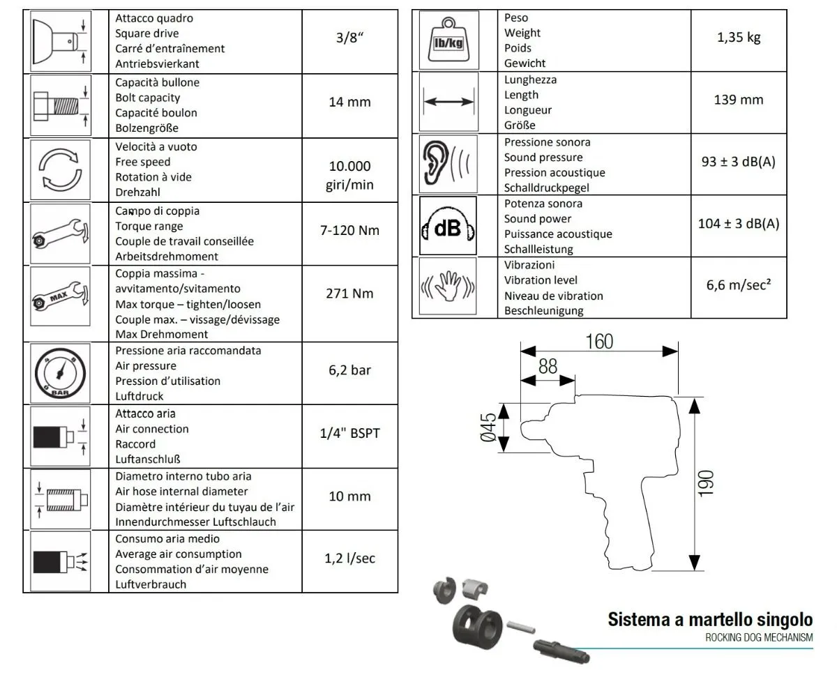 12101001 AIRTEC Avvitatore pneumatico ad impulsi con attacco da 3/8", con regolatore a 5 posizioni per senso di rotazione