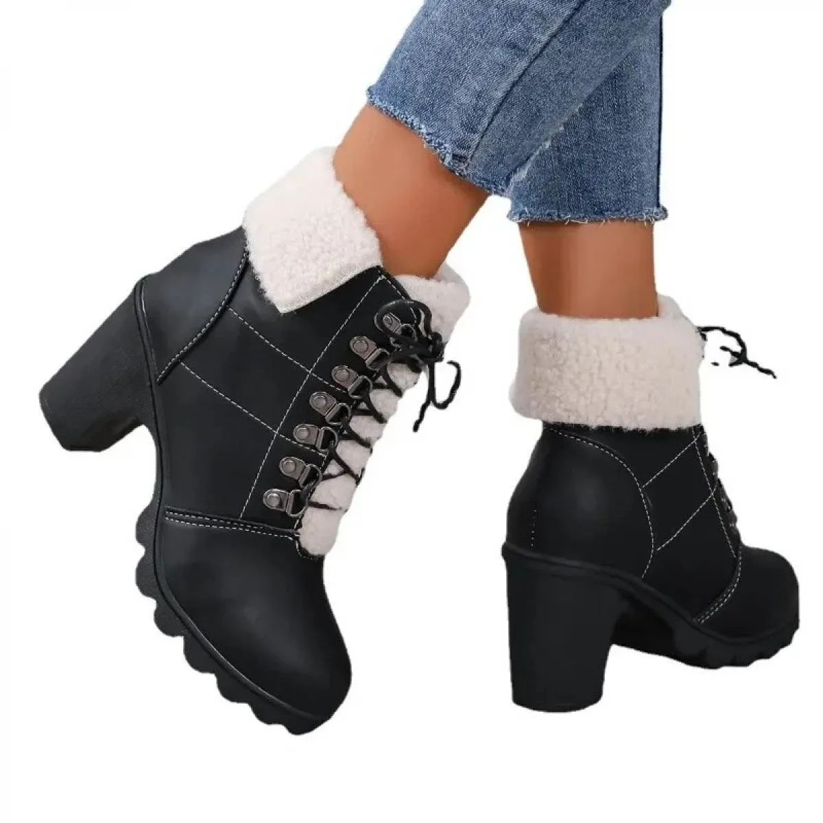 2024 Scarpe da donna di vendita calde Scarpe con tacco quadrato Caviglia Stivali moderni Allacciatura invernale Semplice capovol