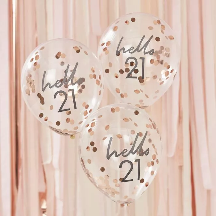 5 palloncini Hello 21 coriandoli oro rosa 30 cm