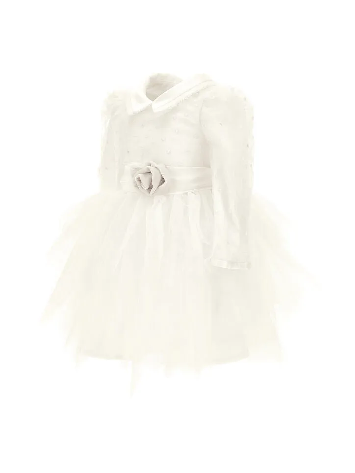 Abito panna con tulle ricamato per neonata