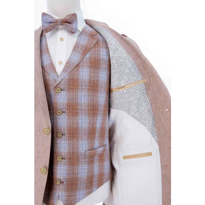 Atelier Torino Abito 3 pezzi in lino con gilet a quadri Brique