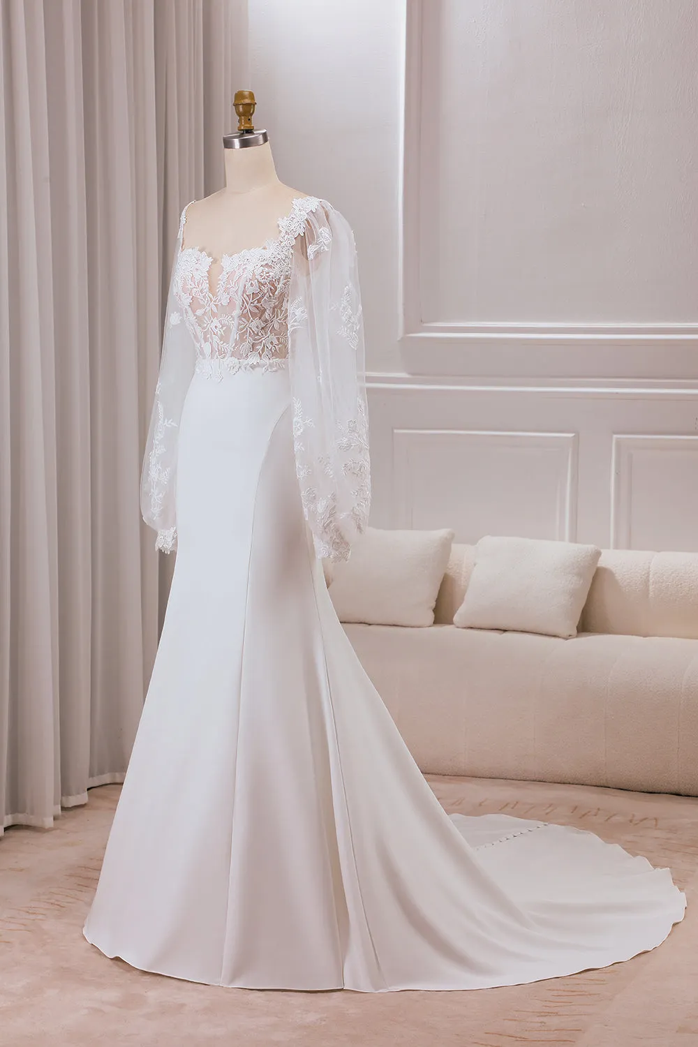 Avorio Pizzo Collo A cuore Maniche Lunghe Sirena Abito Da Sposa con Sweep Train