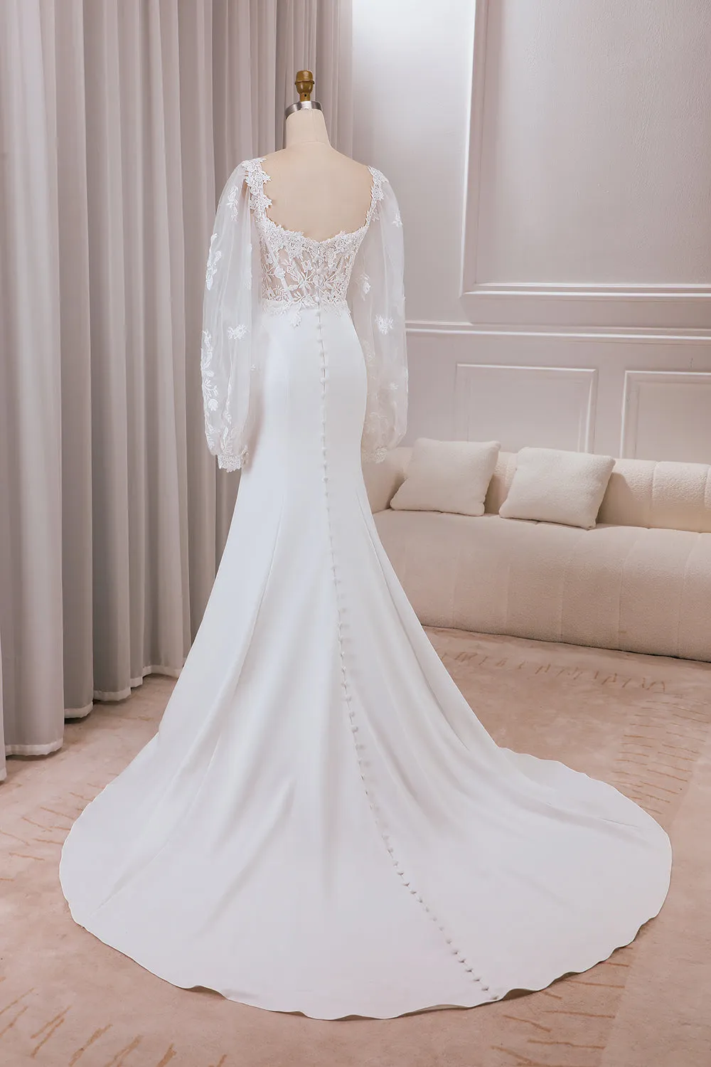 Avorio Pizzo Collo A cuore Maniche Lunghe Sirena Abito Da Sposa con Sweep Train