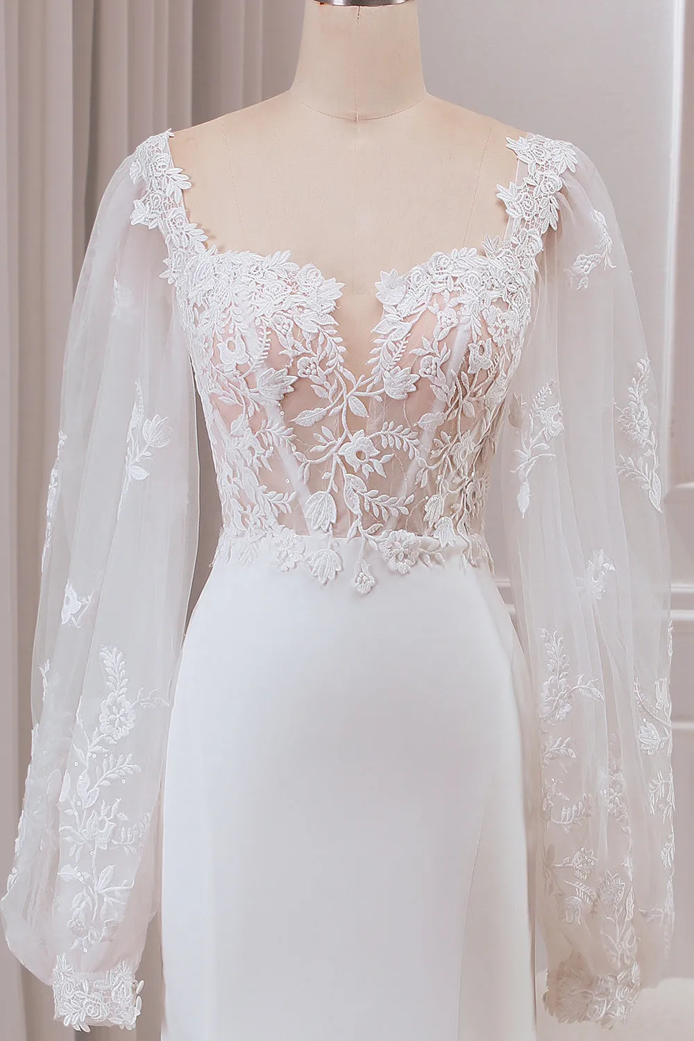Avorio Pizzo Collo A cuore Maniche Lunghe Sirena Abito Da Sposa con Sweep Train