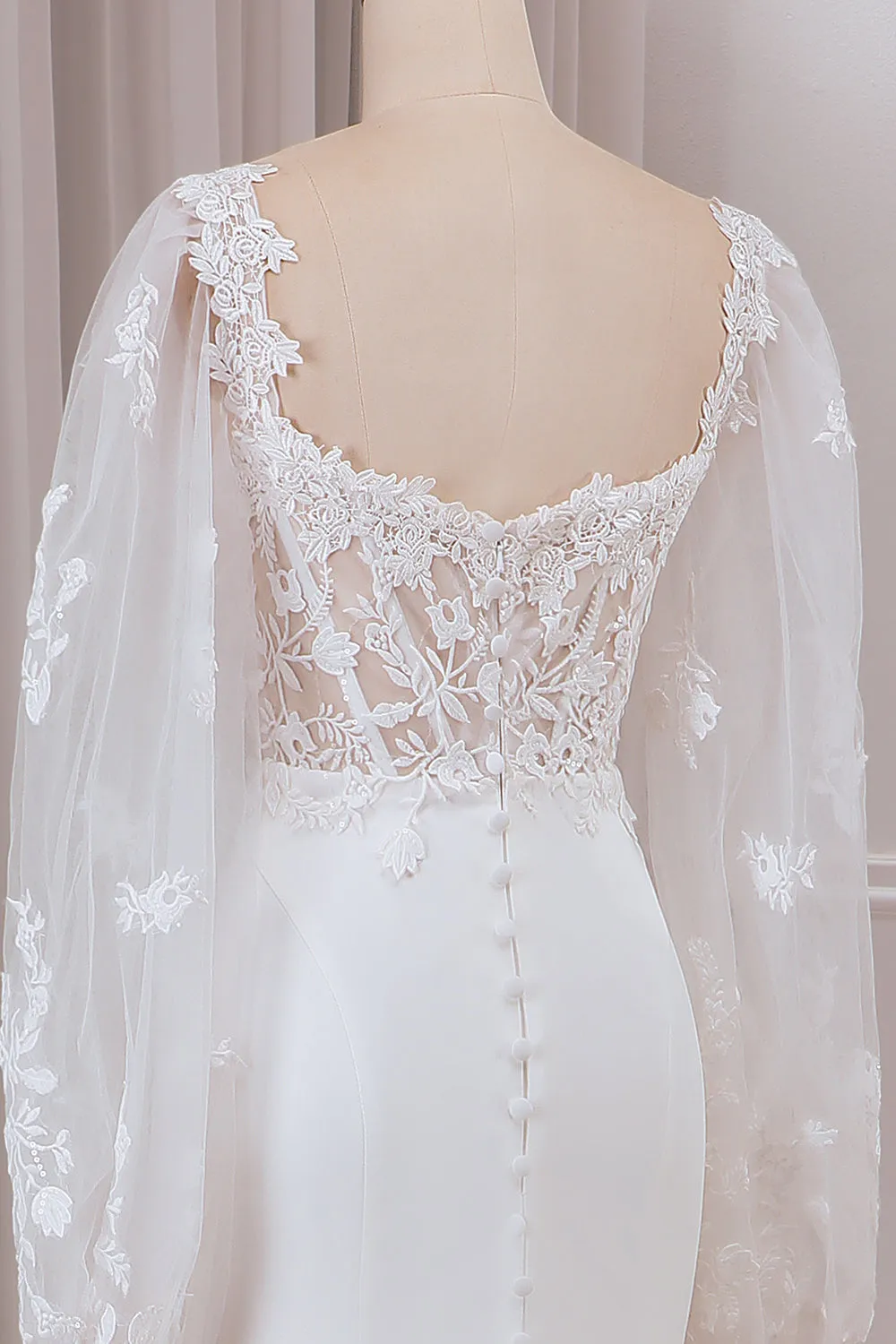 Avorio Pizzo Collo A cuore Maniche Lunghe Sirena Abito Da Sposa con Sweep Train