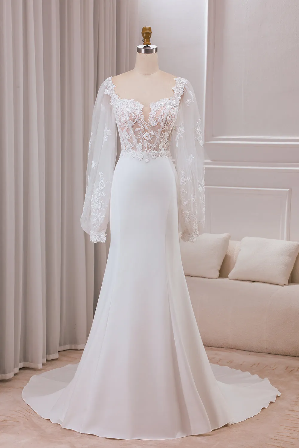 Avorio Pizzo Collo A cuore Maniche Lunghe Sirena Abito Da Sposa con Sweep Train