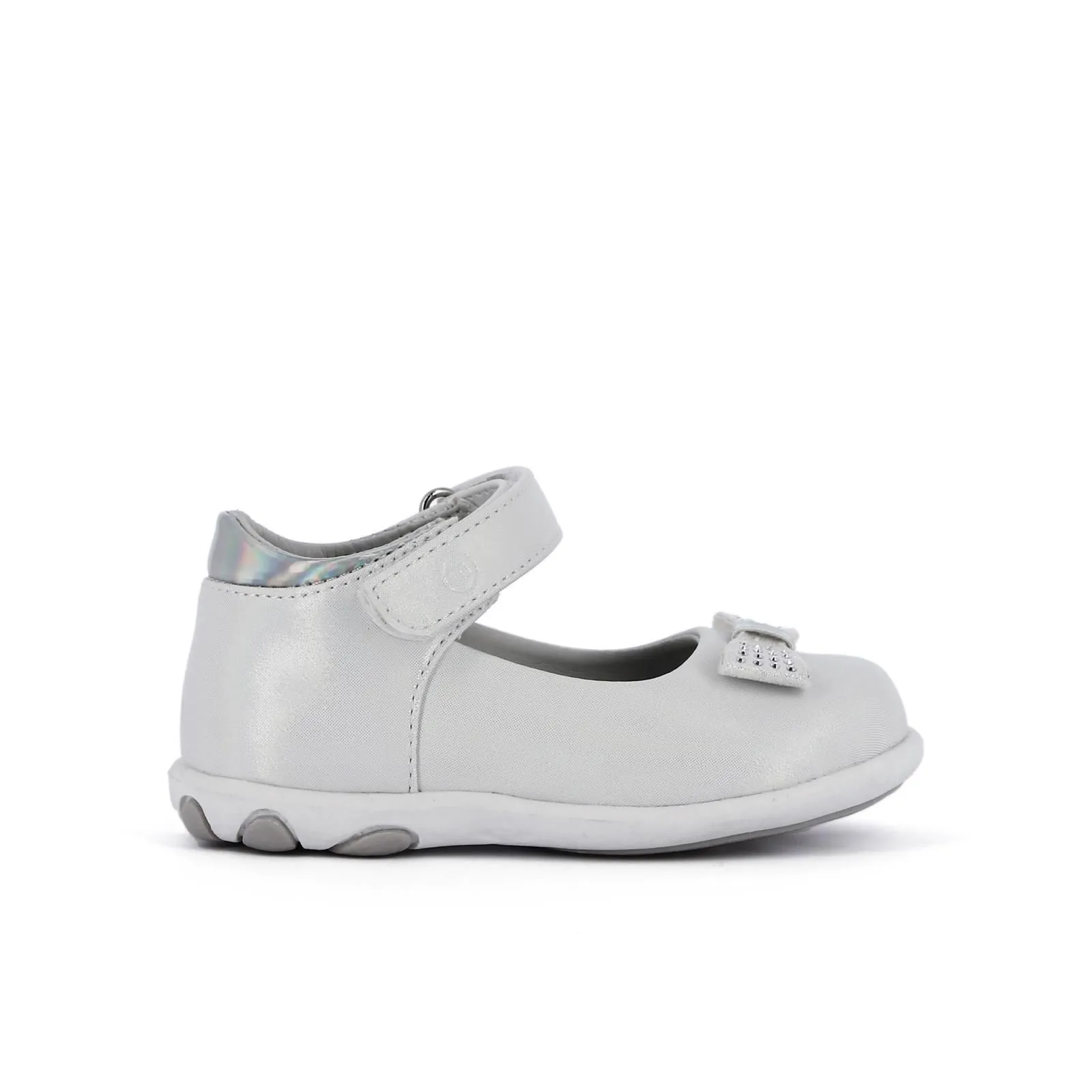Ballerine bianche laminate modello mary jane con velcro e fiocco con strass da bimba