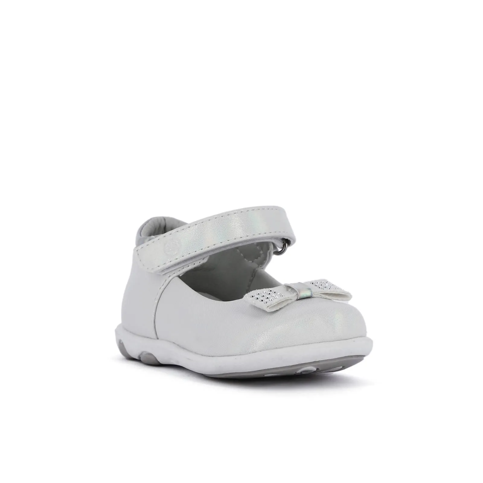 Ballerine bianche laminate modello mary jane con velcro e fiocco con strass da bimba