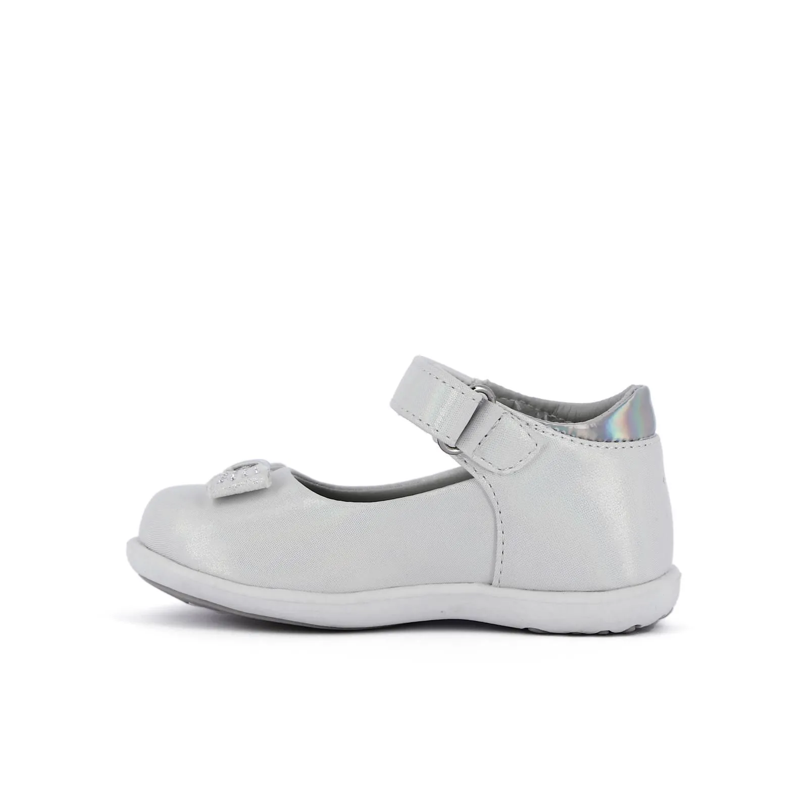 Ballerine bianche laminate modello mary jane con velcro e fiocco con strass da bimba
