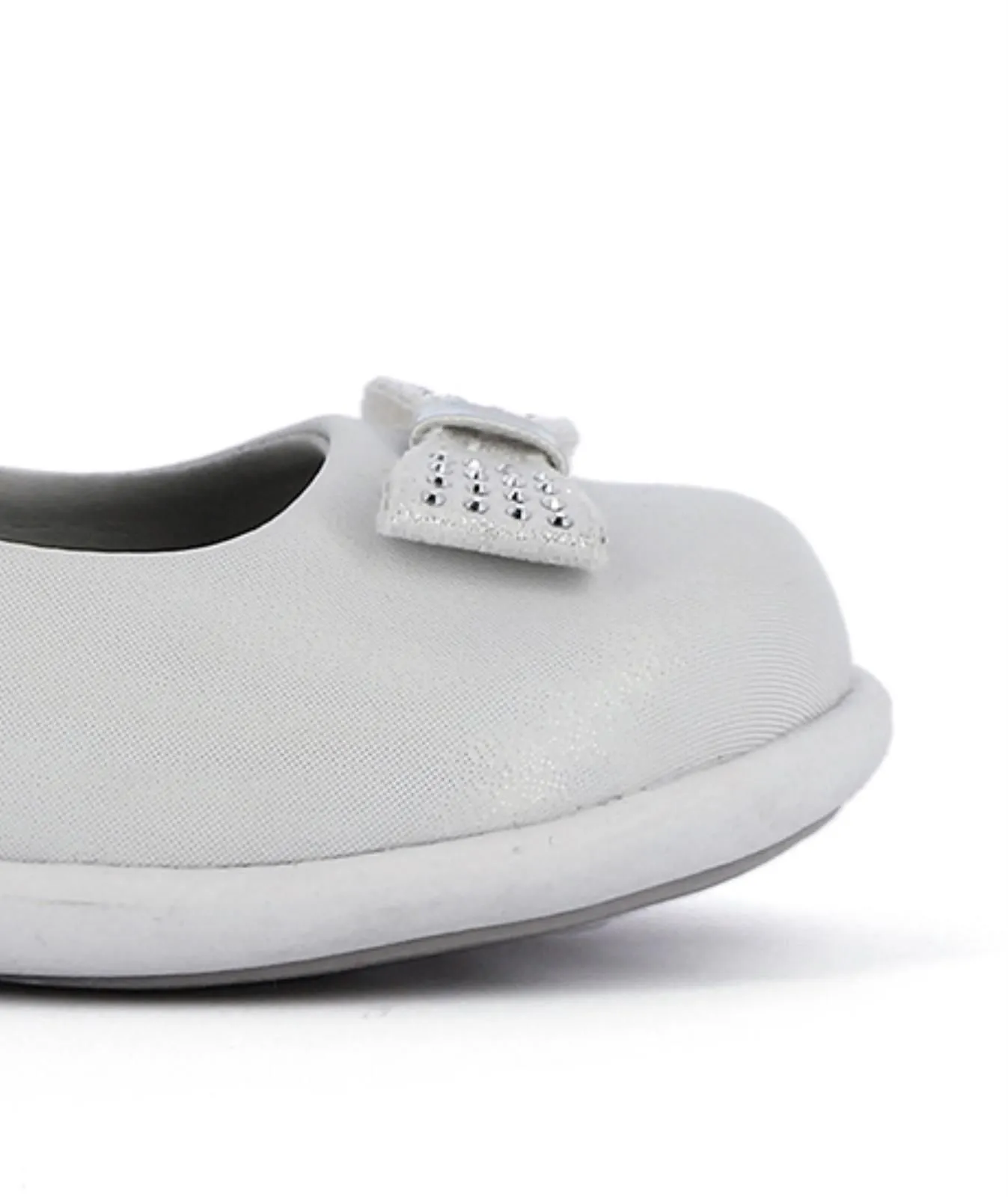 Ballerine bianche laminate modello mary jane con velcro e fiocco con strass da bimba