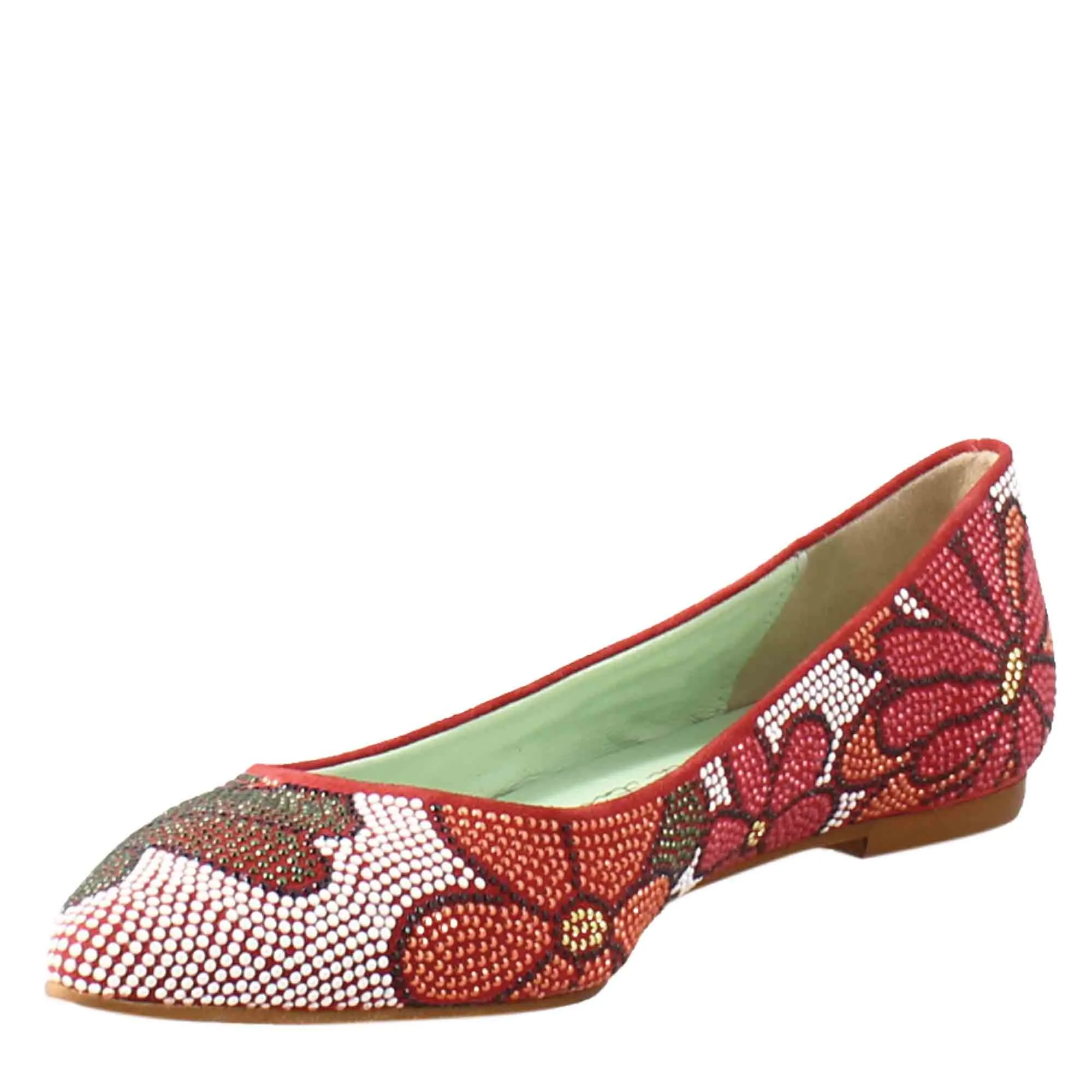 Ballerine color rosso da donna in pelle scamosciata con strass