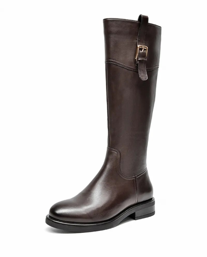 Beautoday Stivali Lunghi da Donna Vera Pelle di Mucca Fibbia in Metallo Punta Rotonda Scarpe Stivali con Zip per Le Donne Fatte