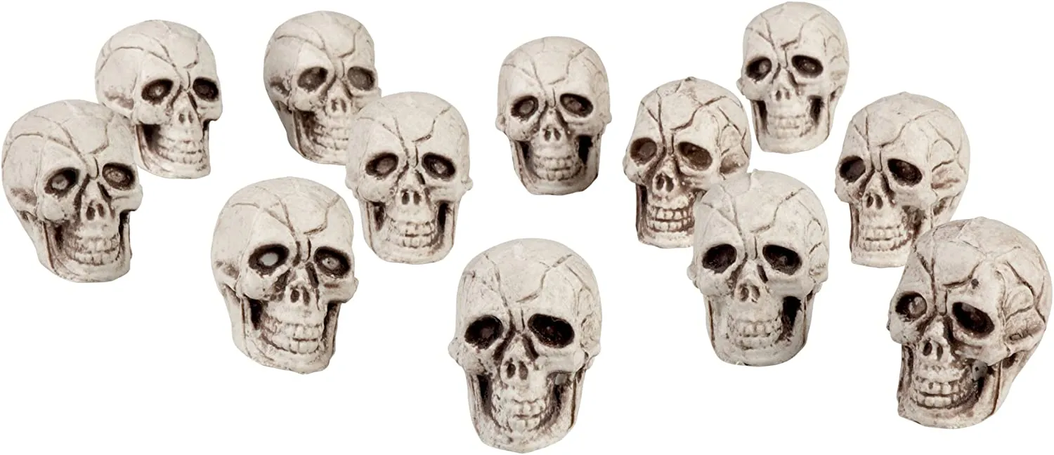 Boland 74390 - Set di teschi, 12 pezzi, dimensioni 4 x 3 cm, scheletro, mietitore, decorazione, halloween, festa a tema, carneva