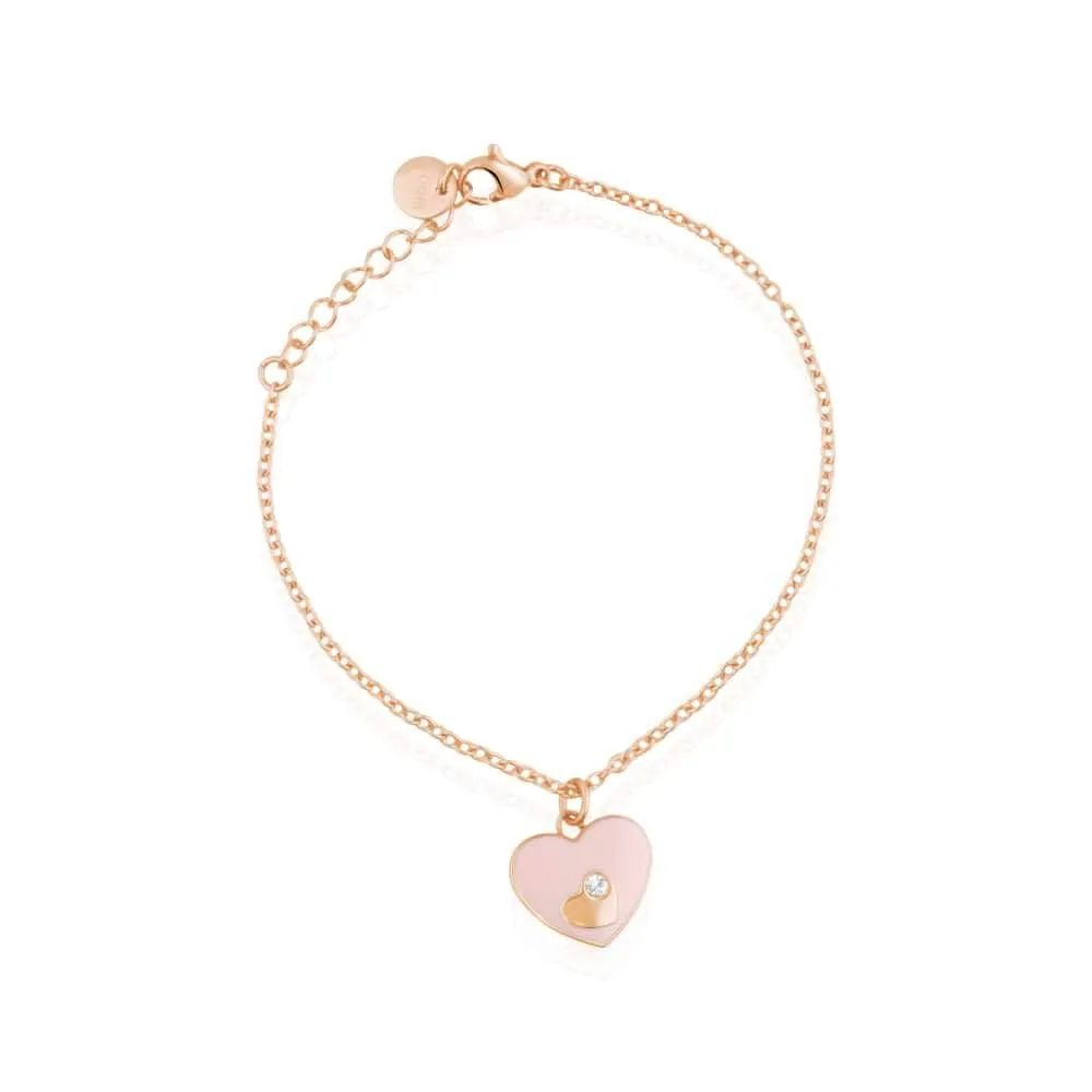 Bracciale in acciaio rosato e strass con charm a forma di cuore