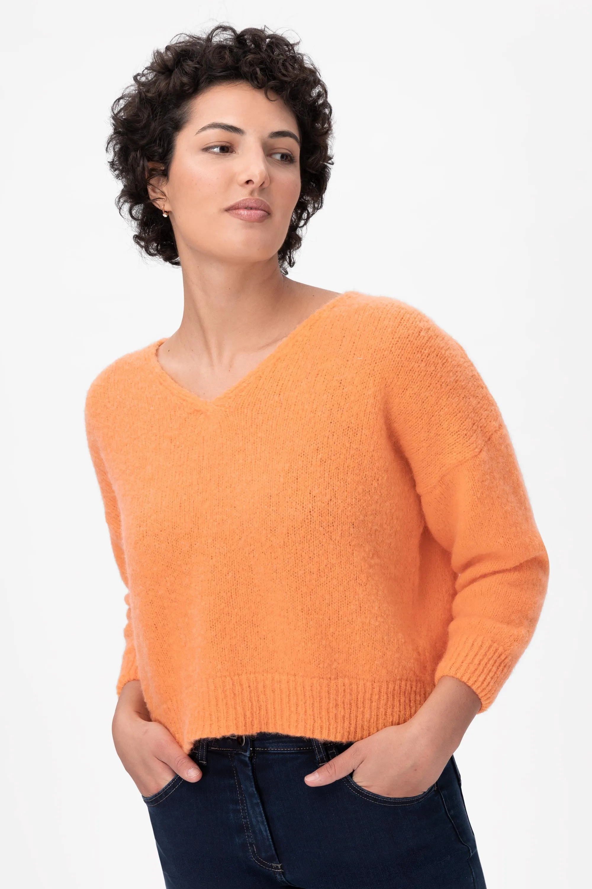 Caren maglia Scollo a V in Alpaca e Merinos Ultrasoft Arancio