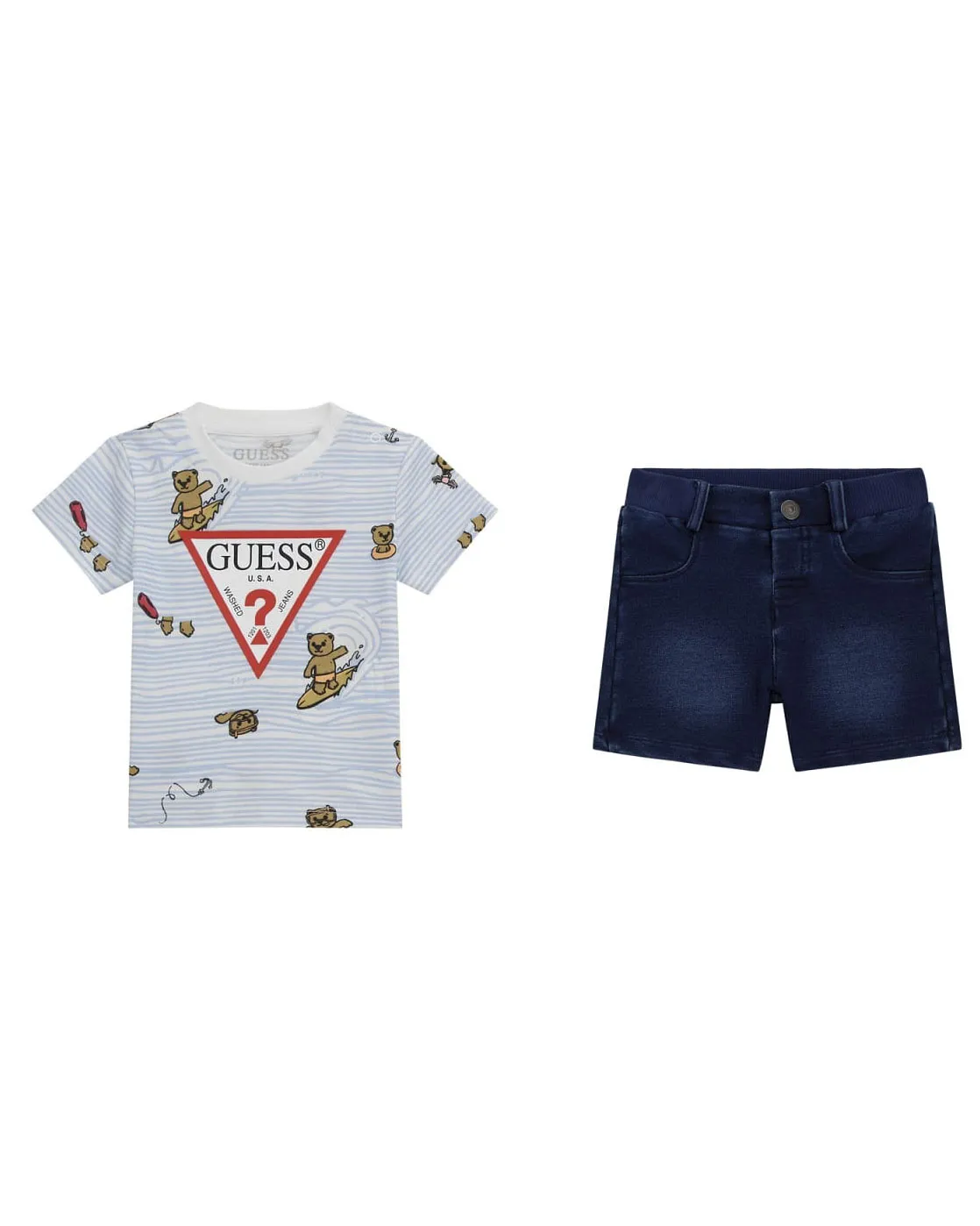 Completo in cotone composto da t-shirt a maniche corte a fantasia surf azzurra con bermuda denim a lavaggio scuro 9-24 mesi