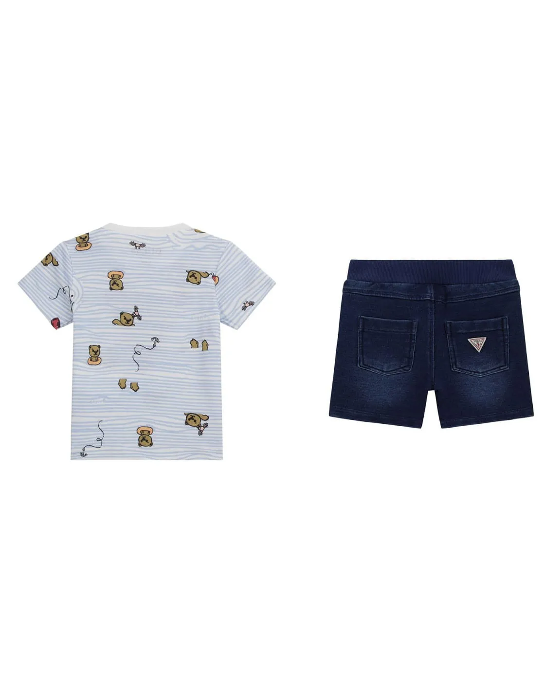 Completo in cotone composto da t-shirt a maniche corte a fantasia surf azzurra con bermuda denim a lavaggio scuro 9-24 mesi
