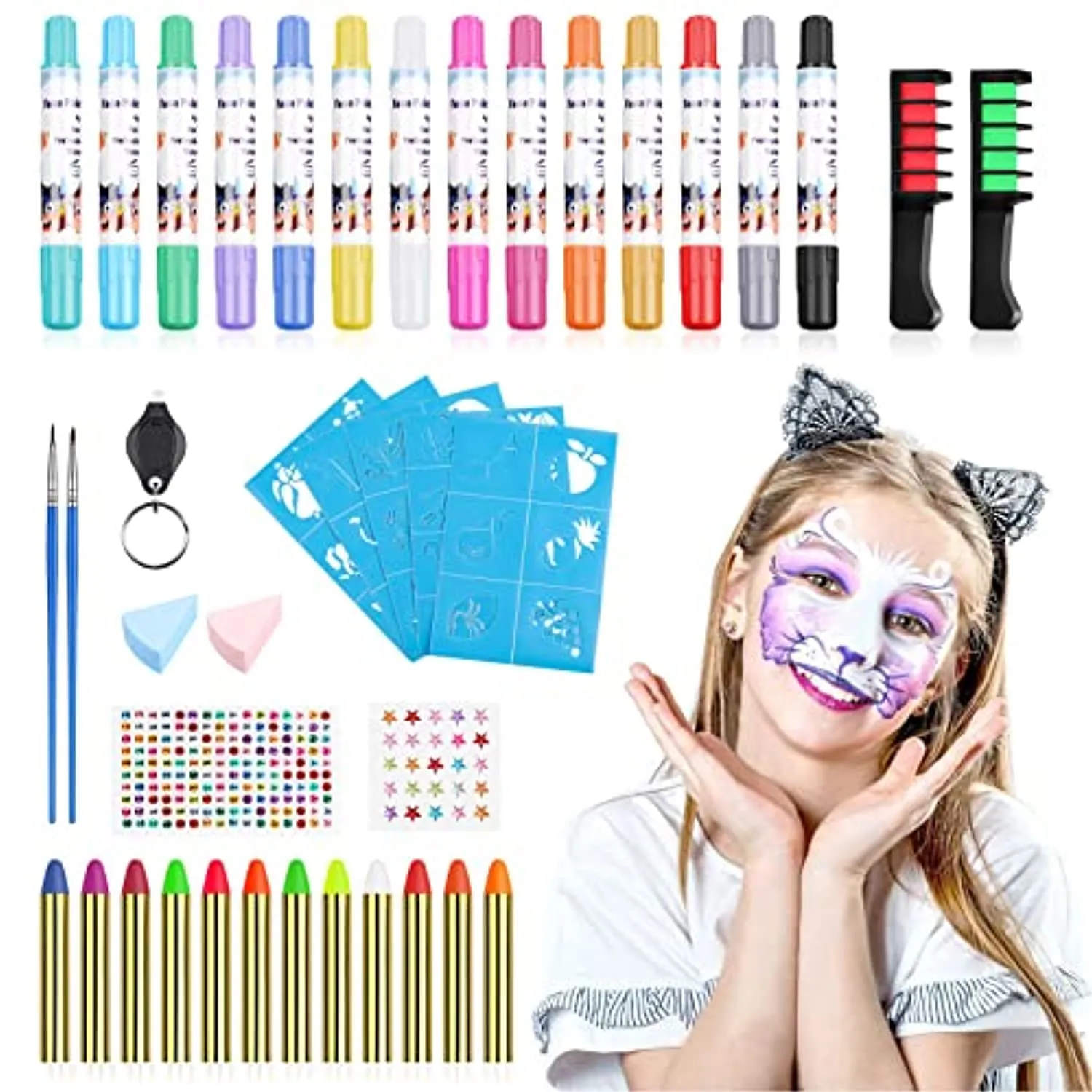 Creamify Truccabimbi Kit - Pennarelli viso 14 colori/12 pastelli fluorescenti a colori/2*pettini per tinture per capelli/2*penne