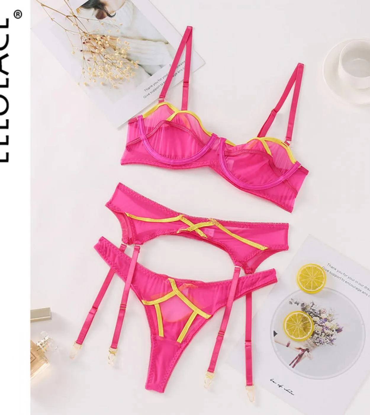 Ellolace Kiss Lingerie Intimo di pizzo Set slip trasparenti Kit reggiseno sfoderato Push Up Senza cuciture Viola Set 2 pezziRegg