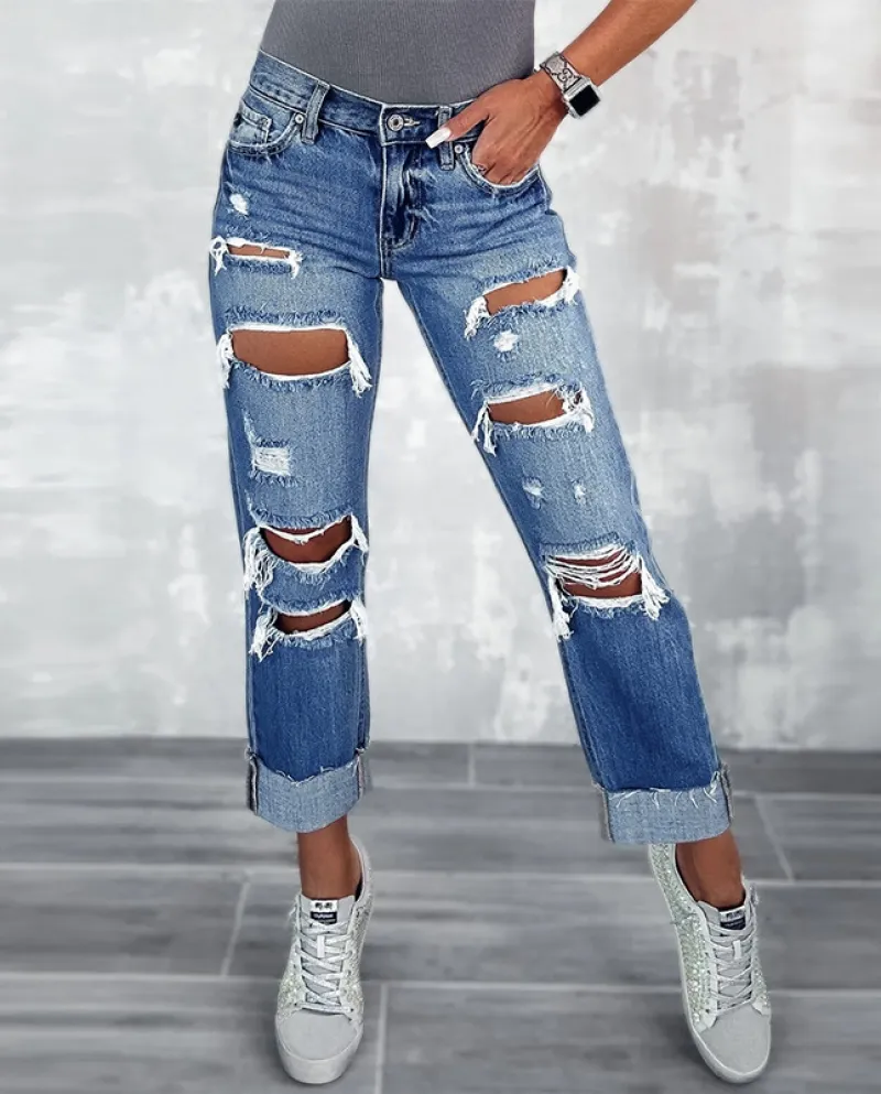 Factory Direct Sales 2024 New Women's Ripped Jeans Pocket Slimming  Straight Pants Trousers
