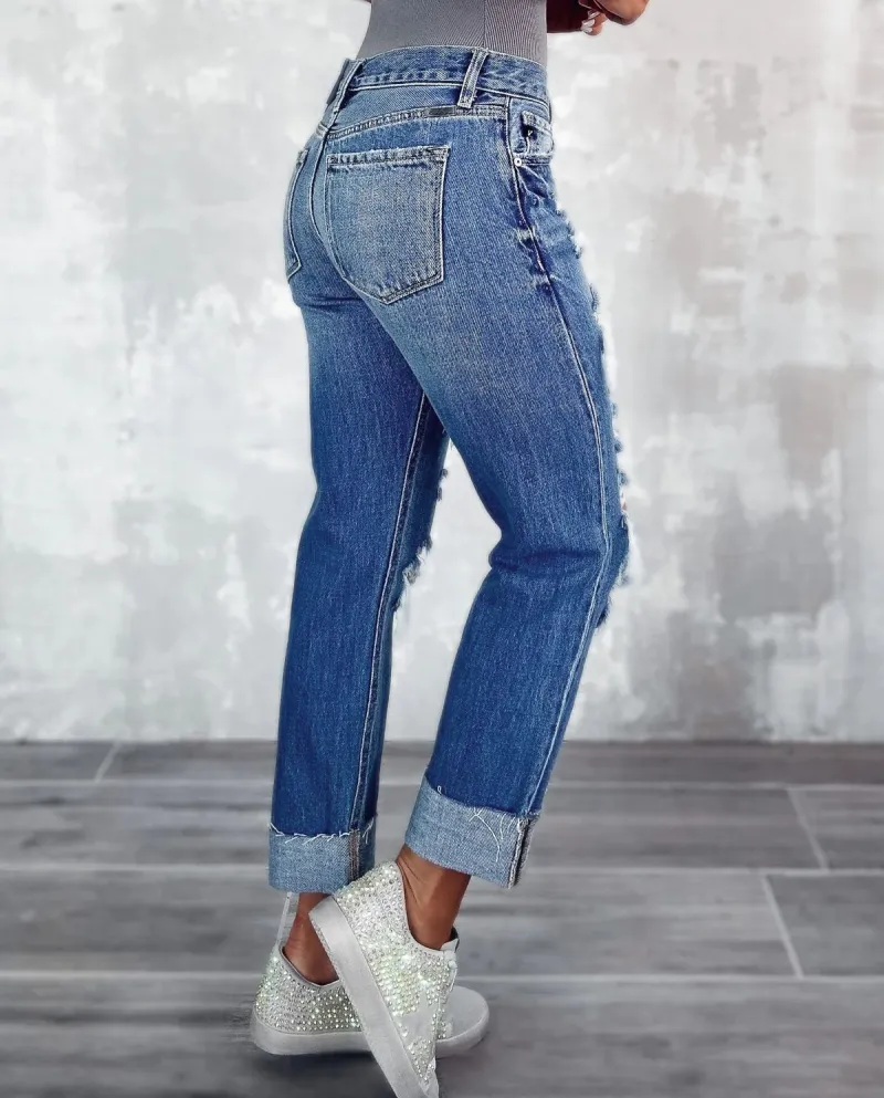 Factory Direct Sales 2024 New Women's Ripped Jeans Pocket Slimming  Straight Pants Trousers