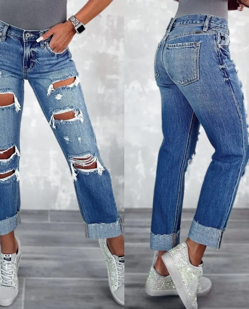 Factory Direct Sales 2024 New Women's Ripped Jeans Pocket Slimming  Straight Pants Trousers