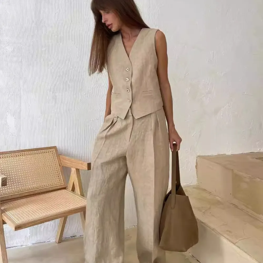 Gilet pantaloni casual set a due pezzi e 2024 primavera ed estate nuove donne moda gilet senza maniche pantaloni a vita bassa ve