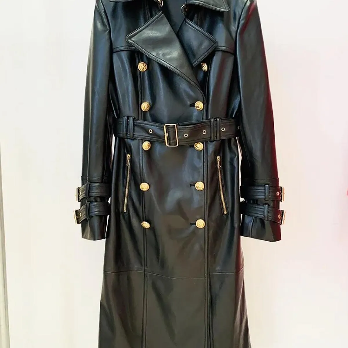 High Street Più Nuovo 2022 Autunno Inverno Designer Trench da Donna Doppio Petto Leone Bottoni in Pelle Sintetica Trench Lungo O