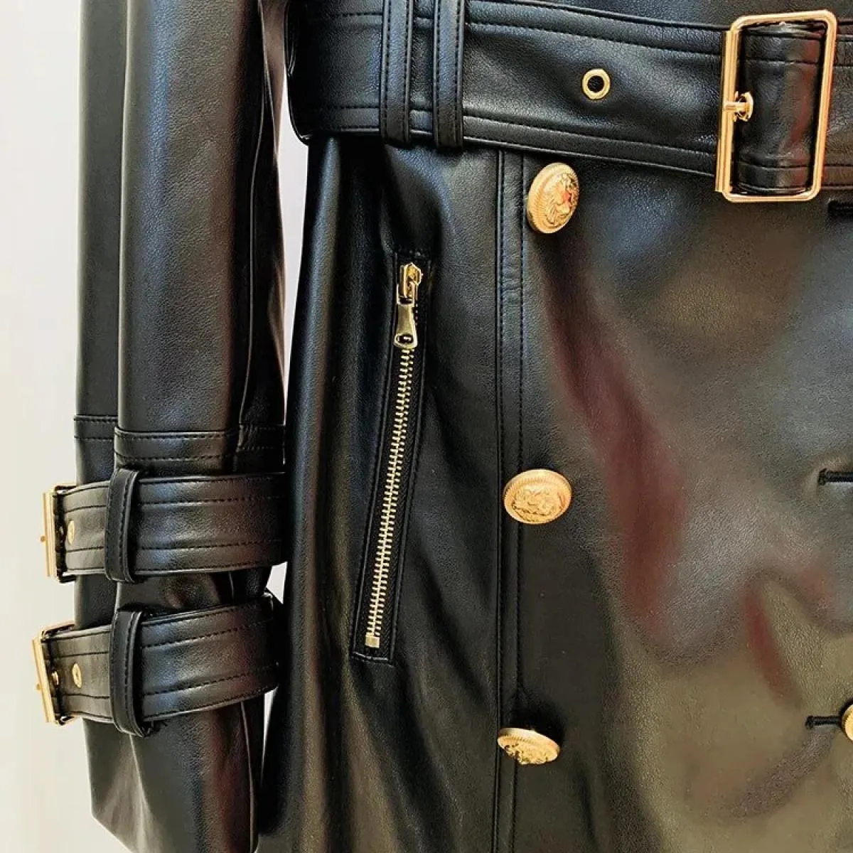 High Street Più Nuovo 2022 Autunno Inverno Designer Trench da Donna Doppio Petto Leone Bottoni in Pelle Sintetica Trench Lungo O