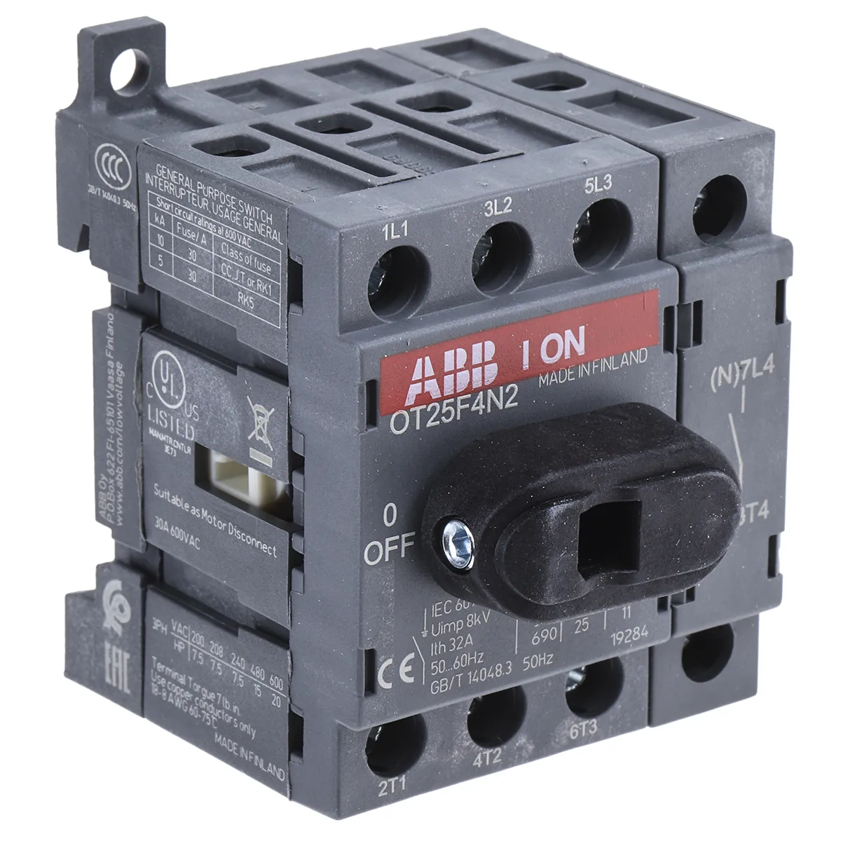Interruttore di isolamento ABB OT25F4N2 1SCA104886R1001, 4P, 25A, 750V ca, Montaggio su base, IP20