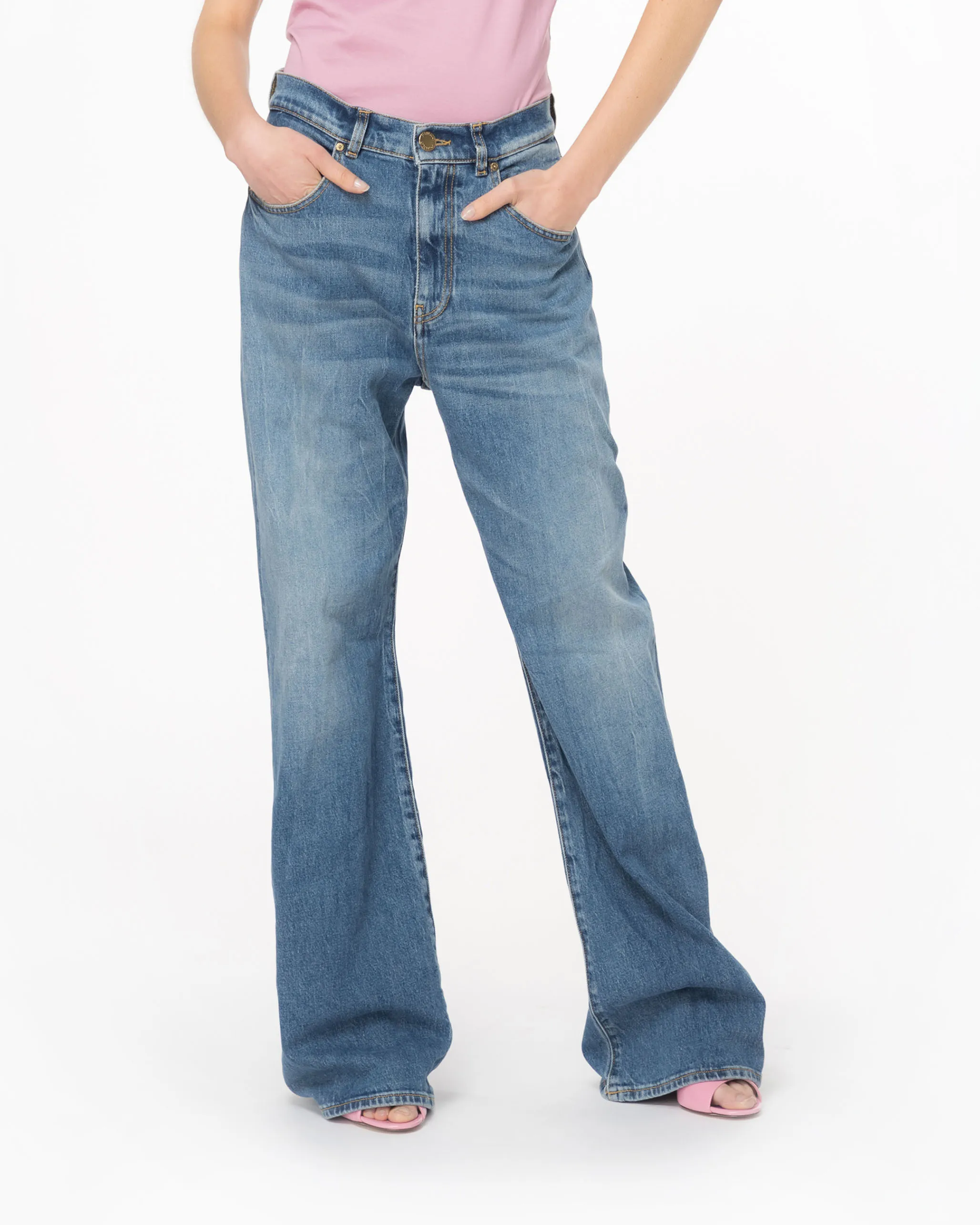 Jeans wide leg in cotone stretch blu lavaggio medio a vita bassa