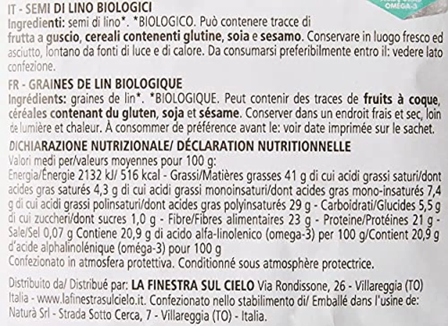 La finestra sul cielo- Omega3 - SEMI DI LINO BIO 500g