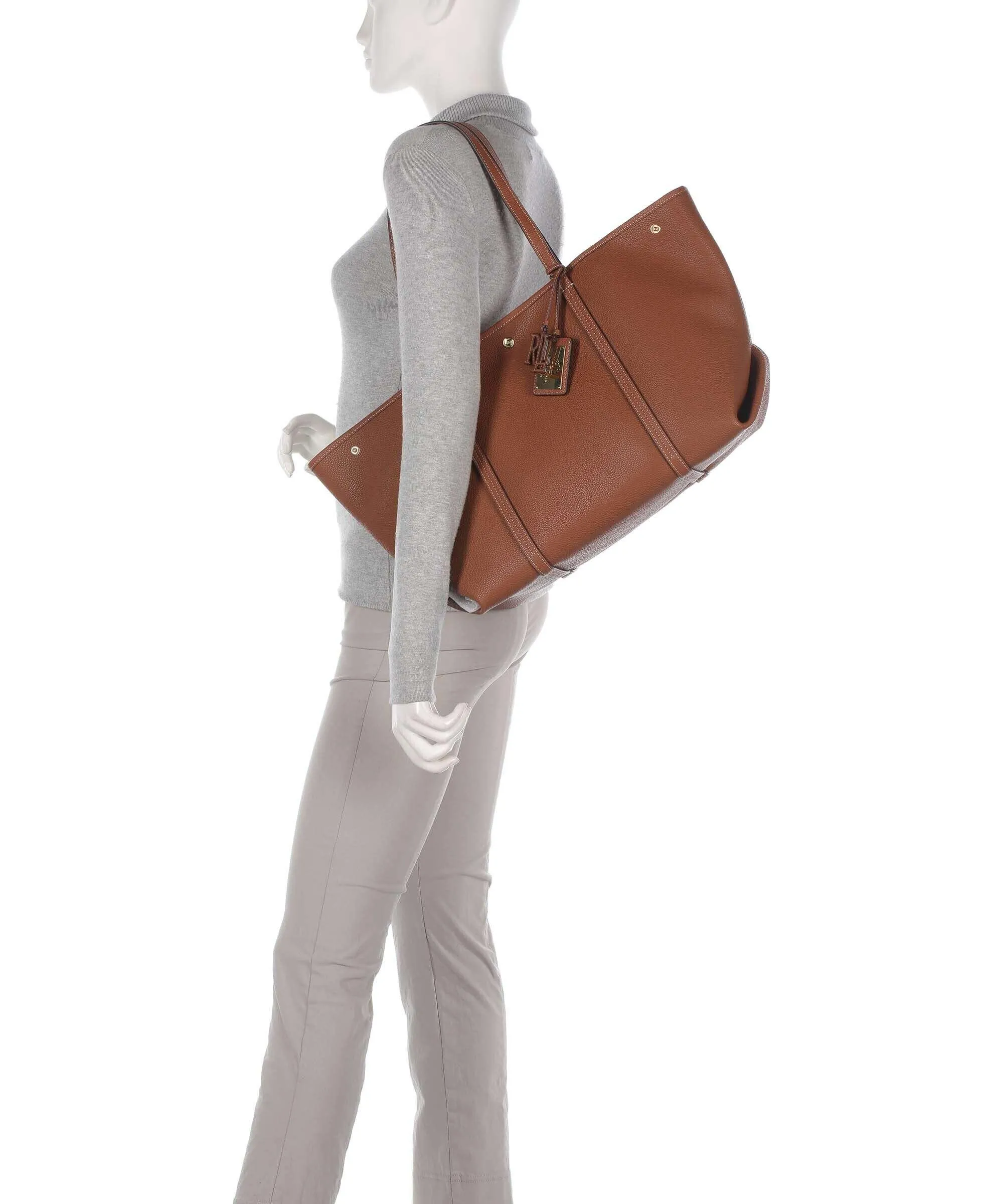  Lauren Ralph Lauren Emerie Large Borsa shopper pelle di vacchetta grana marrone  