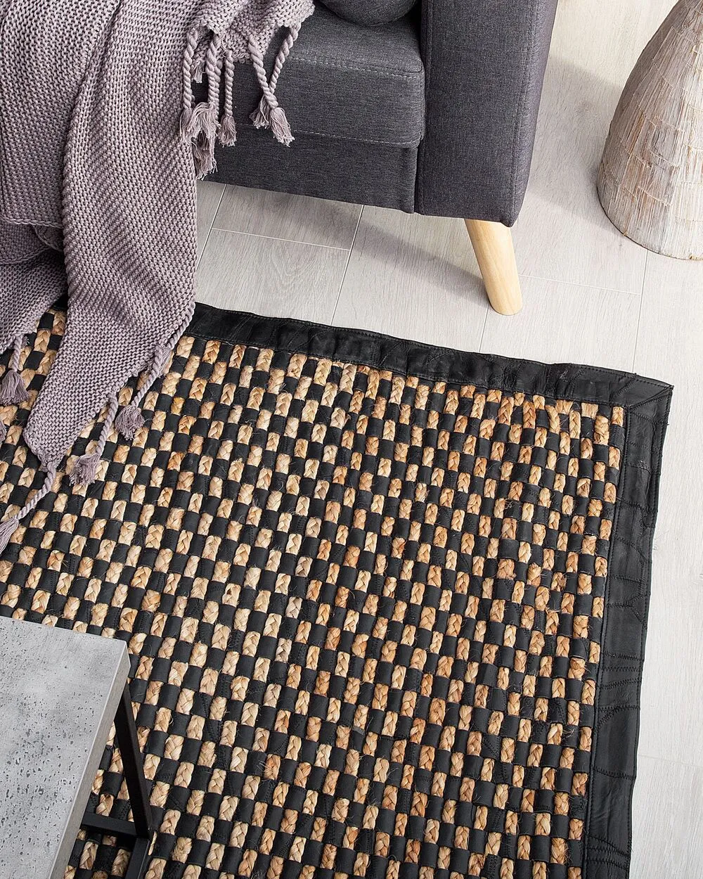 Leather Area Rug 140 x 200 cm Black and Beige GERCE II