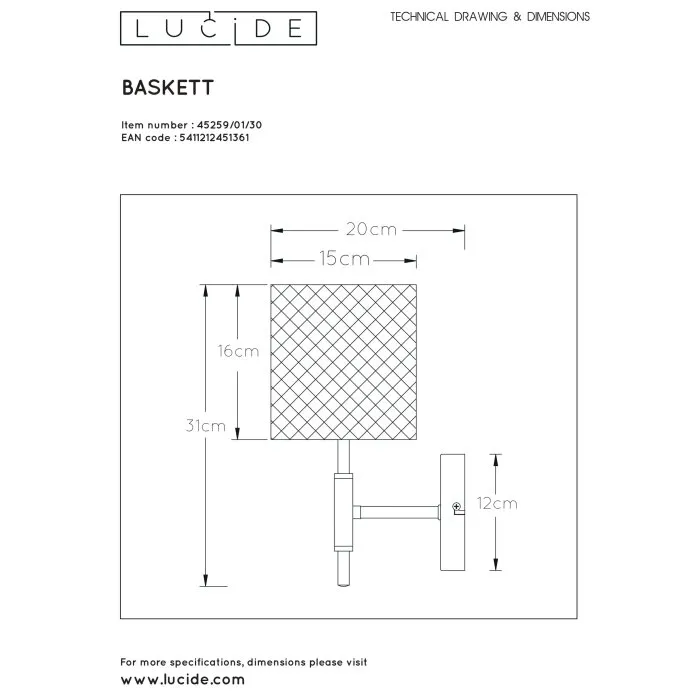 Lucide BASKETT Applique Nero, 1-Luce