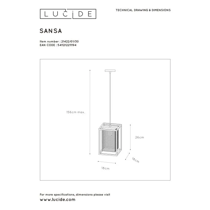 Lucide SANSA Lampada a Sospensione Nero, 1-Luce