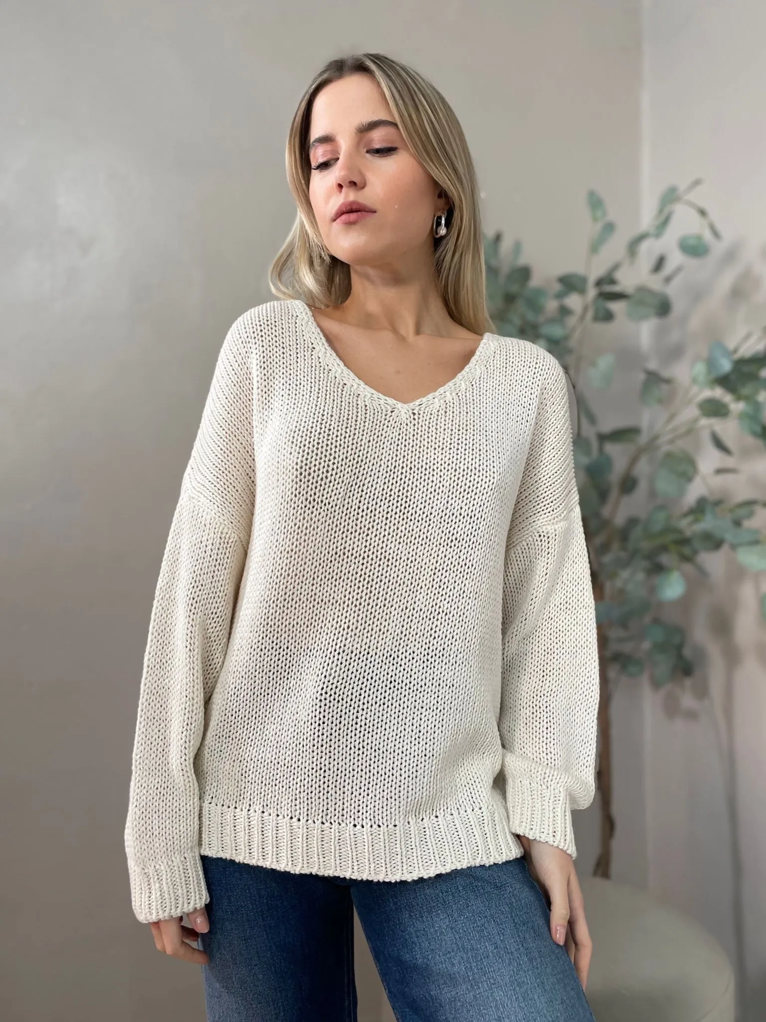 Maglia Scollo a V Panna