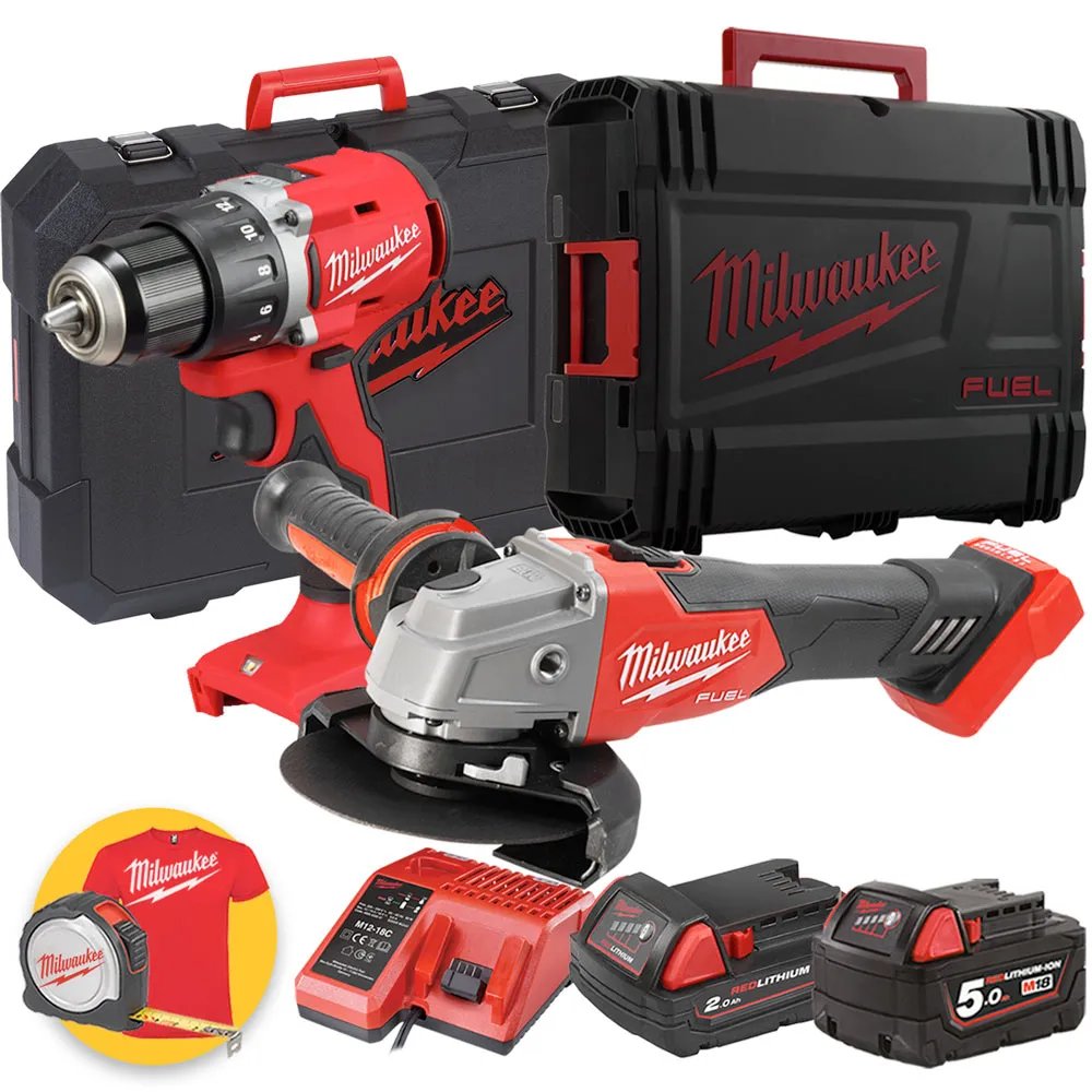 Milwaukee set 18V - M18 BLDDRC Trapano avvitatore a batteria + M18 FSAG125X Smerigliatrice angolare - 1 x 2Ah + 1 x 5Ah