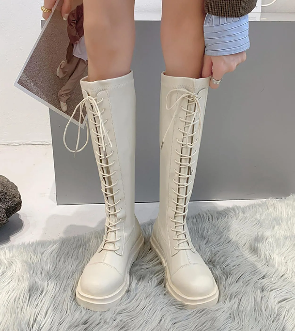 Moda Cinghie incrociate Stivali alti al ginocchio con suola spessa da donna Inverno Peluche Calore Moto Punta tonda Botines De M
