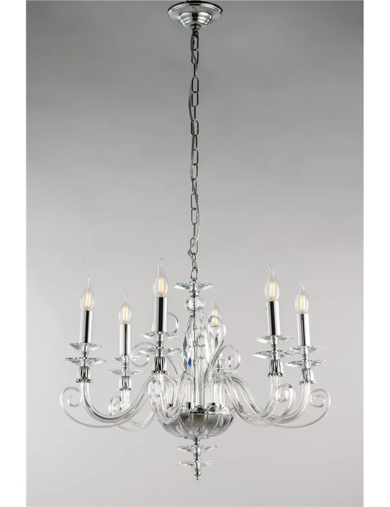Mozart lampadario 6 luci cromato e vetro decorato trasparente
