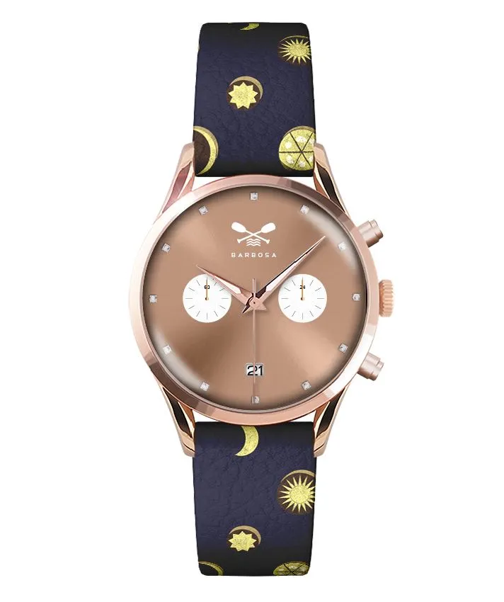 OROLOGIO CRONO SUNRAY ROSA ZIRCONI dm. 36,5 PELLE STAMPA SOLE E LUNA