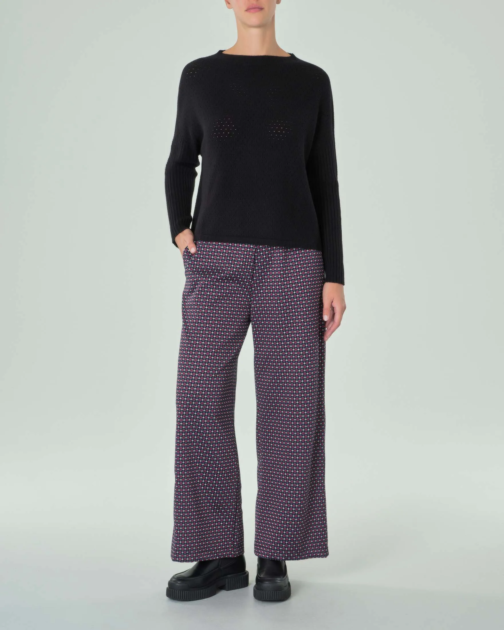 Pantaloni color ciclamino a microfantasia nera tessuto stretch punto Milano