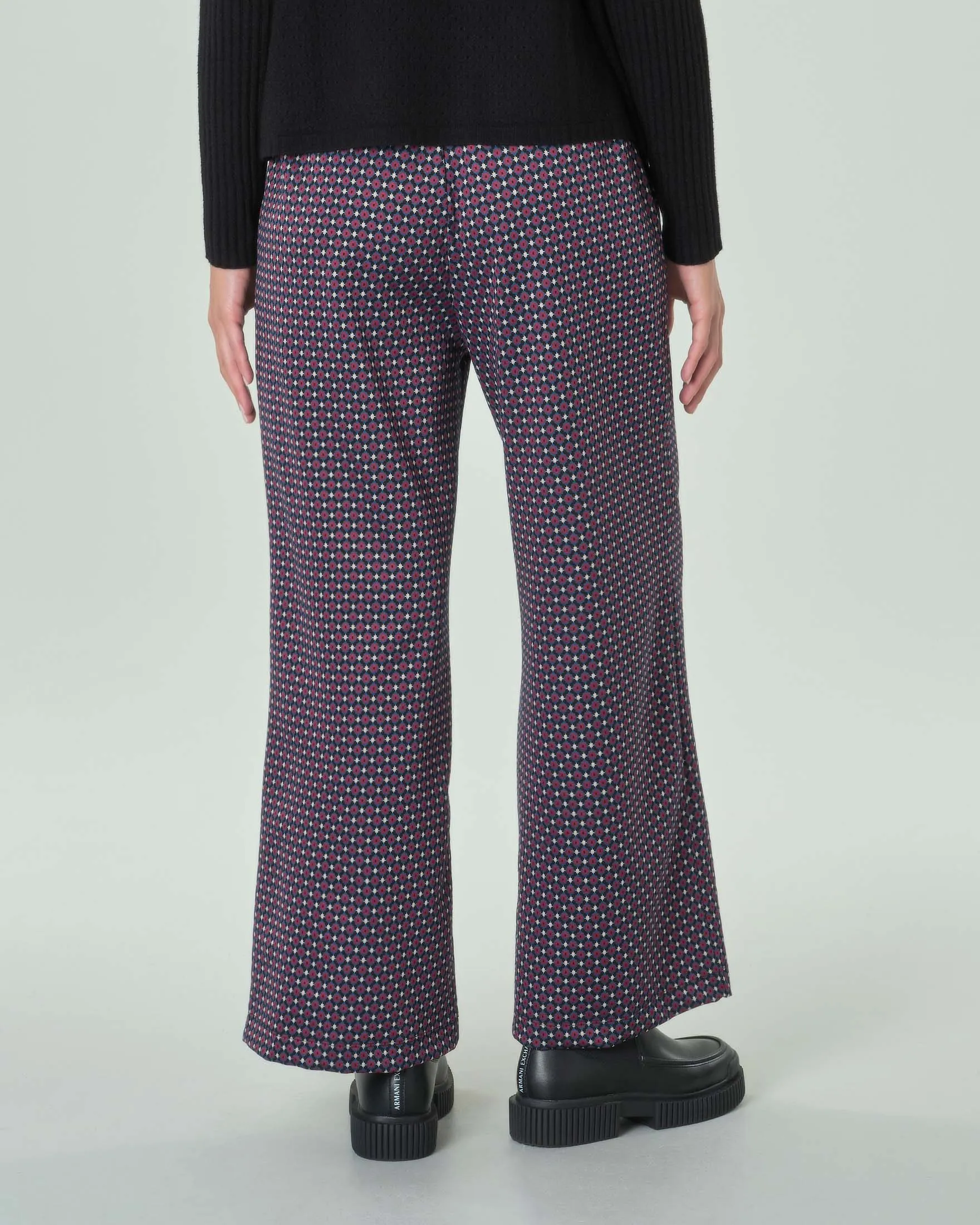 Pantaloni color ciclamino a microfantasia nera tessuto stretch punto Milano
