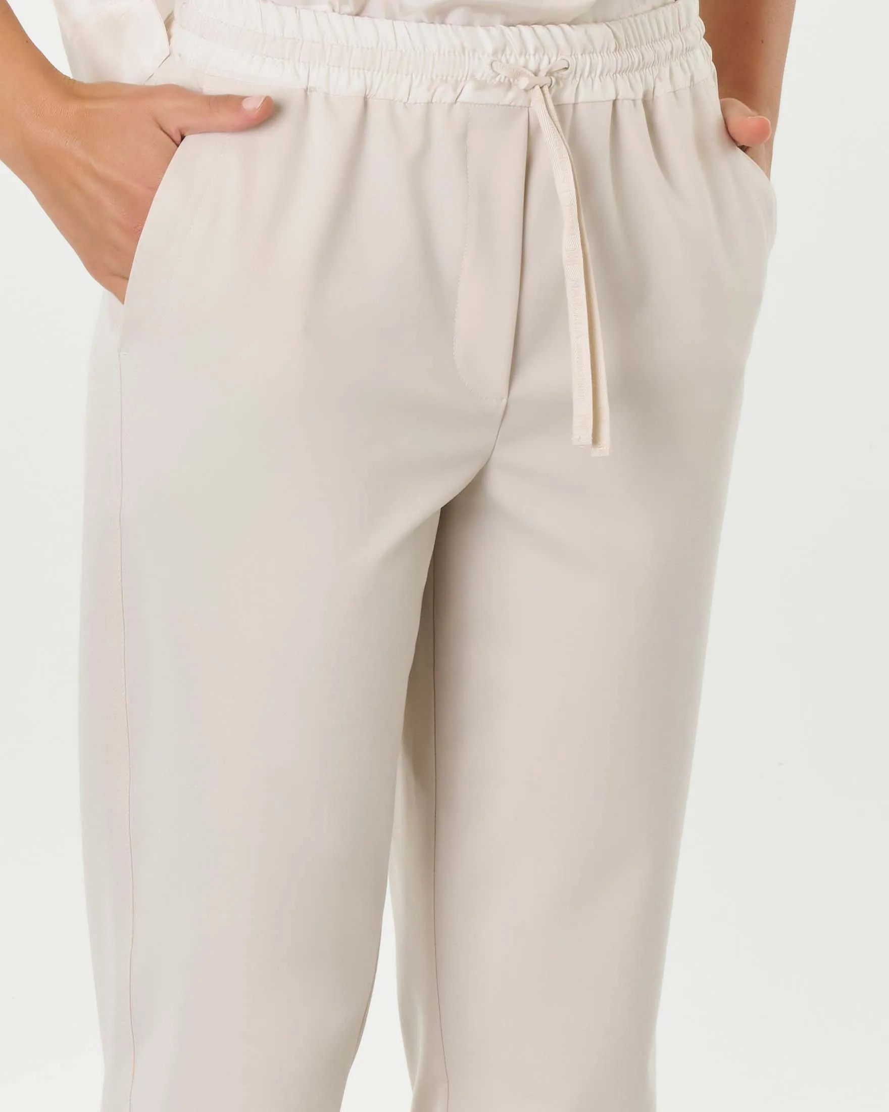 Pantaloni color gesso in tela di misto viscosa con elastico e coulisse inseriti in vita Linea MONOCHROME