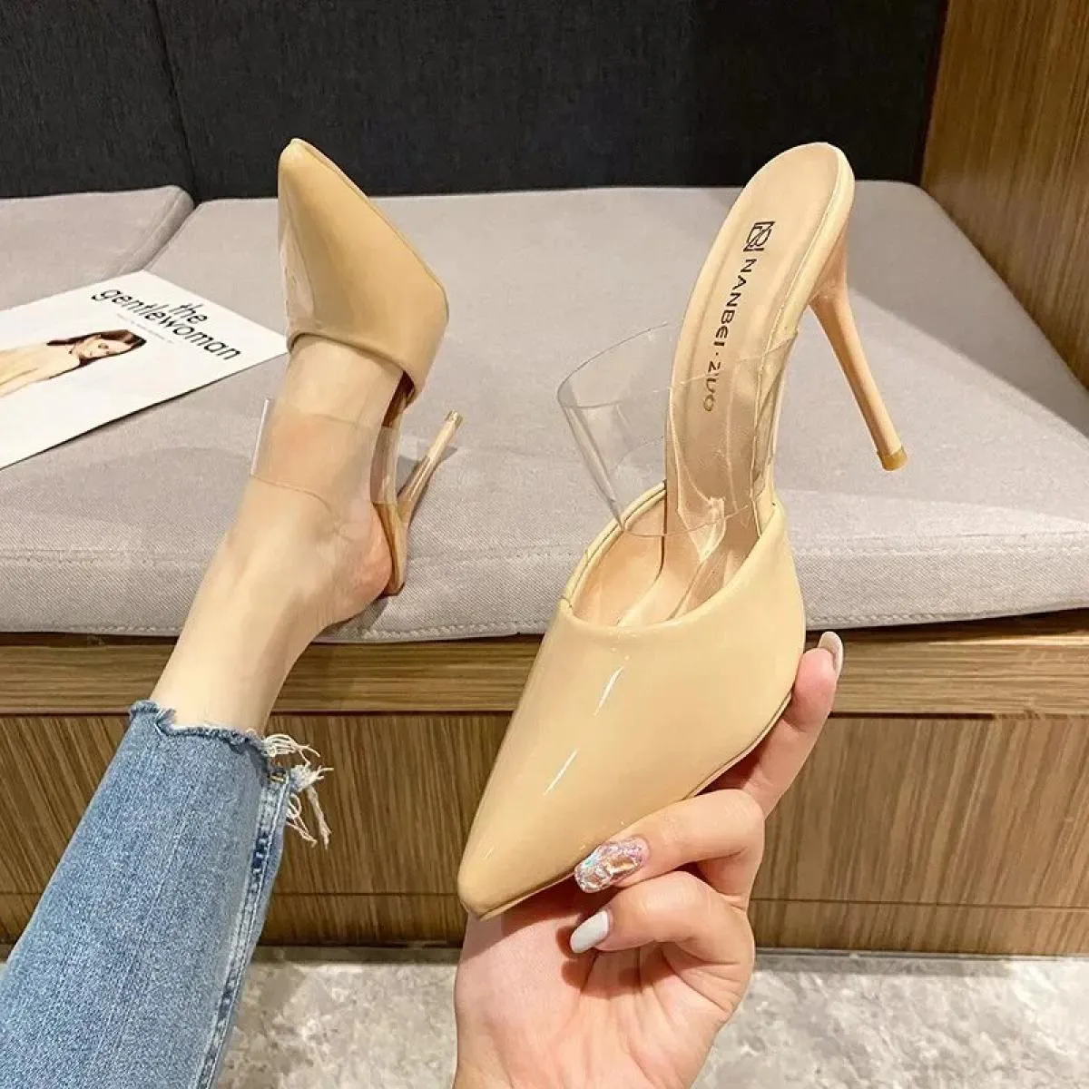 Pantofole con tacco alto a punta Scarpe estive da donna Scarpe da donna per feste poco profonde con decorazione in metallo moda