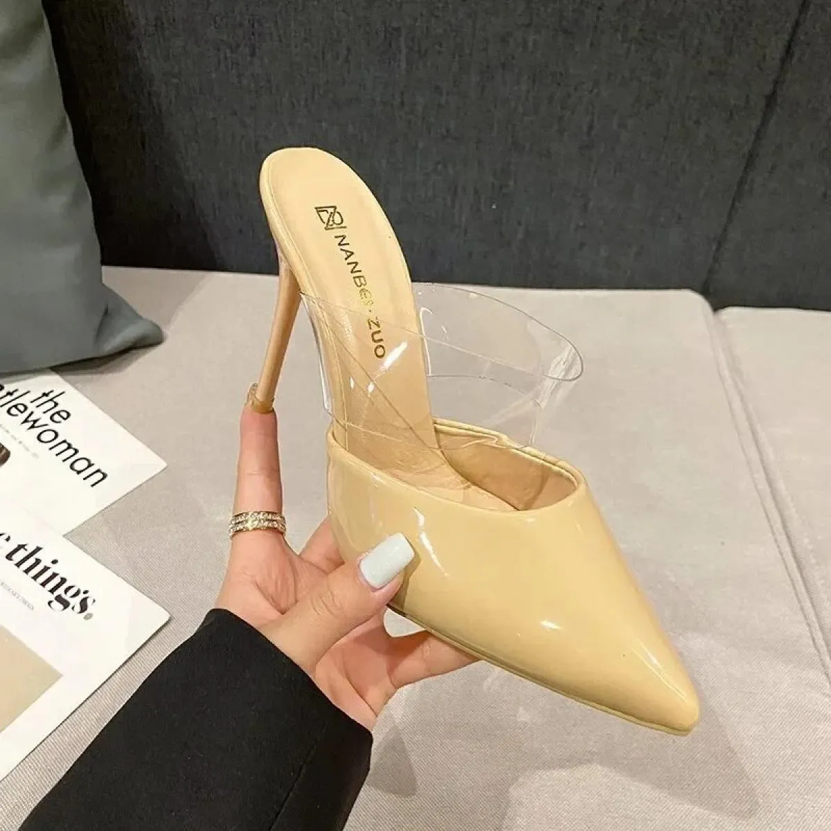 Pantofole con tacco alto a punta Scarpe estive da donna Scarpe da donna per feste poco profonde con decorazione in metallo moda