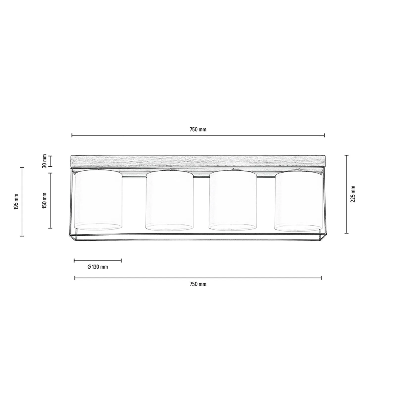 Plafoniera Trapper, nero/bianco/rovere, 4 luci
