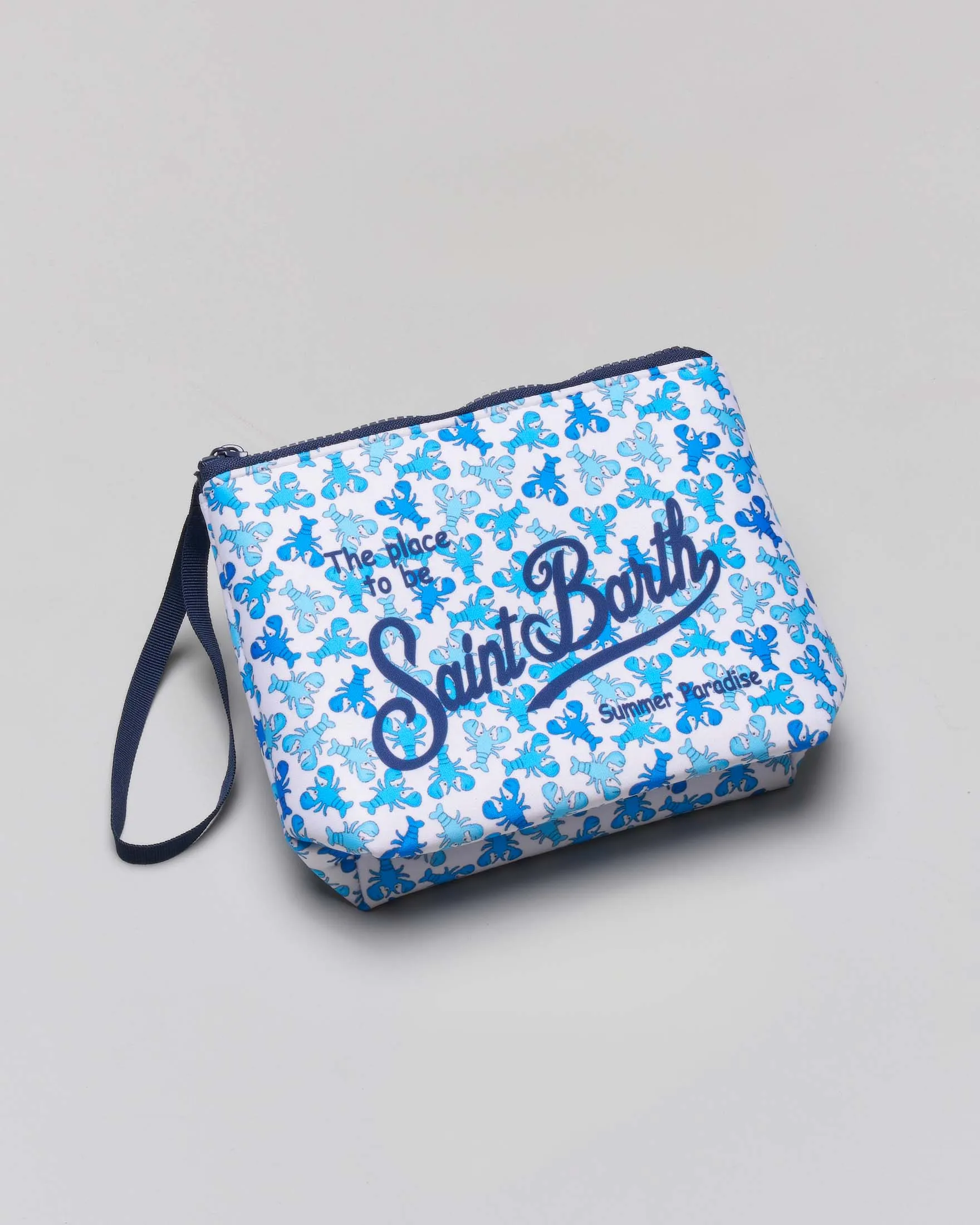 Pochette bianca in neoprene con stampa aragoste azzurre e blu royal