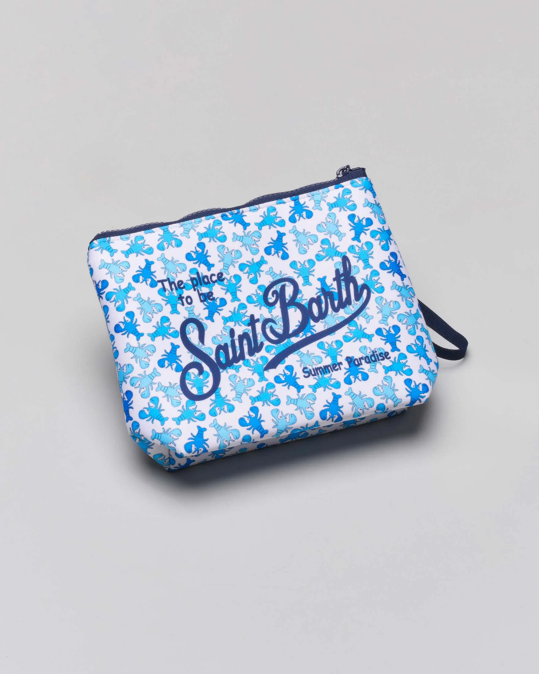 Pochette bianca in neoprene con stampa aragoste azzurre e blu royal