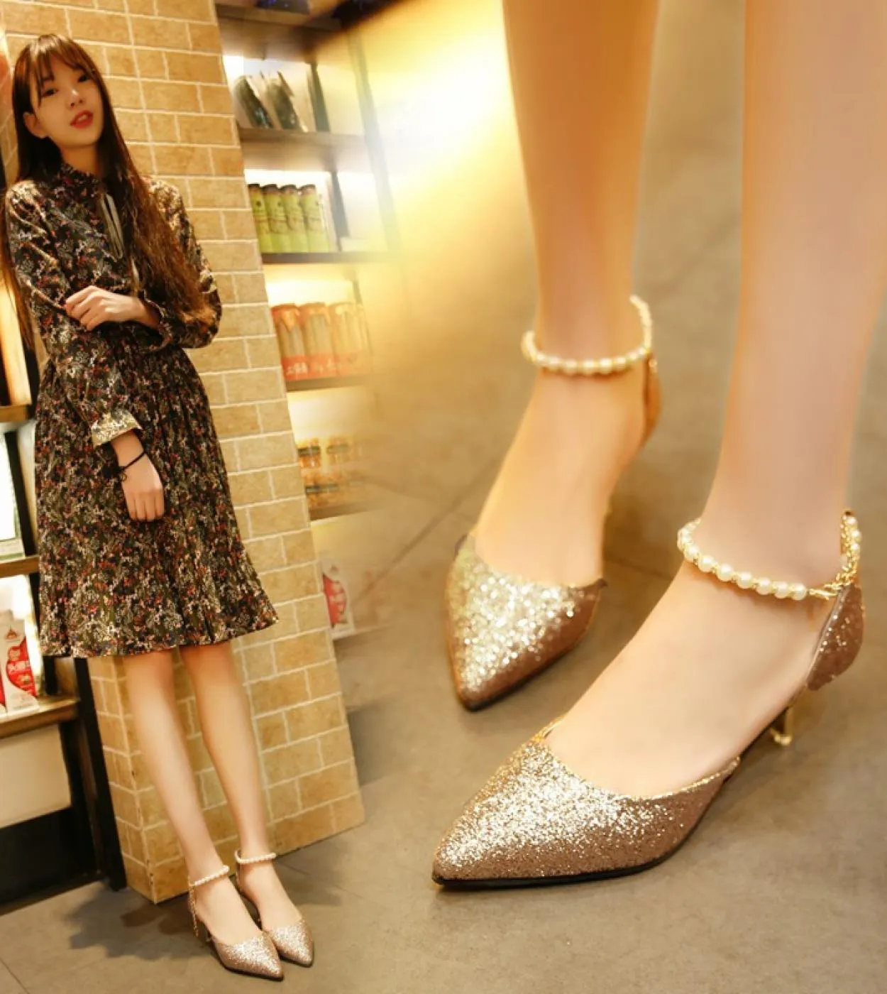 Punta a punta Perla Scarpe con tacco alto Moda femminile Cava con sandali Paillette Delle scarpe traspiranti sottili Pompa da do